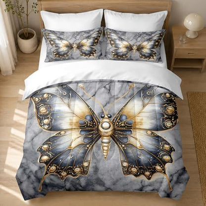 CCoutueChen Kids Butterfly Comforter Twin Size, Grey Marble Bedding Set, 2 Pcs Marble Texture Artistic Warm Microfiber Bed Set with 1 Pillowcase, 68"x86"