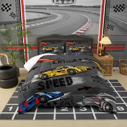 Race Car Twin Comforter Set for Boys ，Kids Race Car Twin Bedding Sets，Hot Wheels Cars Twin Bedding Set，Car Theme Room Decor for Boys