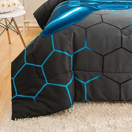 NTBED Game Console Comforter Set for Boys Girls Kids 3D Gaming Geometric Lightweight Microfiber Bedding Sets (Blue, King)