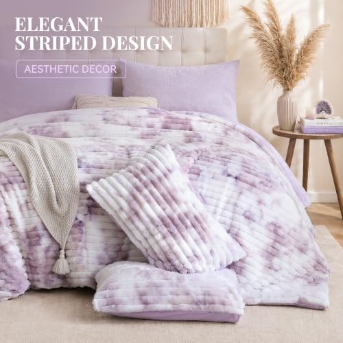 Smoofy Fluffy Queen Size Comforter 3 PCS- Tie Dye Purple Fleece Bedding Set