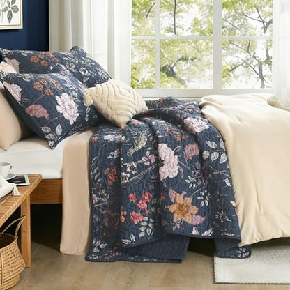 Litanika Floral Dark Blue Quilt - 3Pcs Botanical Birds Bedding Set
