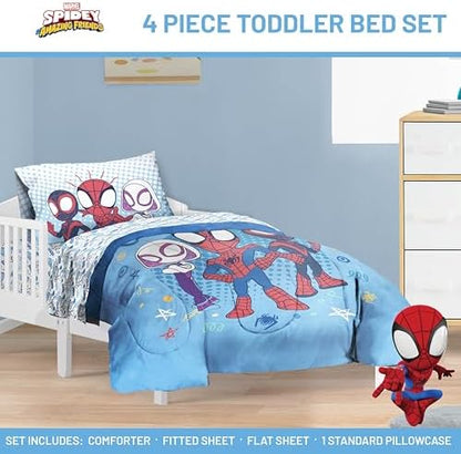 Marvel Spidey and Friends Toddler Size Comforter Set 4 Piece Bedding, Blue
