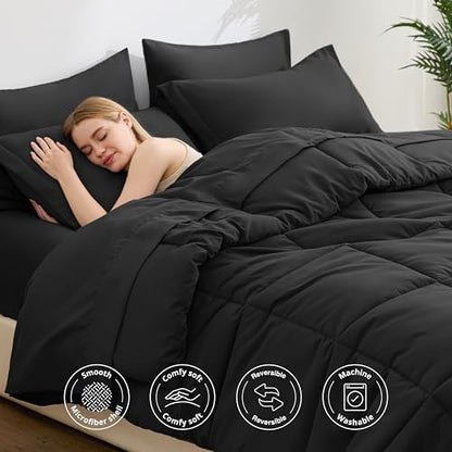 Love's cabin California King Comforter Set Ash Black, 7 Pieces California King Bed in a Bag, All Season Bedding Sets with 1 Comforter, 1 Flat Sheet, 1 Fitted Sheet, 2 Pillowcase and 2 Pillow Sham
