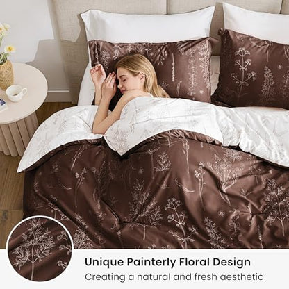 Love's cabin Chocolate Twin Comforter Set - Twin XL Size Comforter Set Dorm Bedding, 2 Pieces Cute Floral Bedding, Reversible Flowers Comforter, 1 Comforter & 1 Pillow Sham