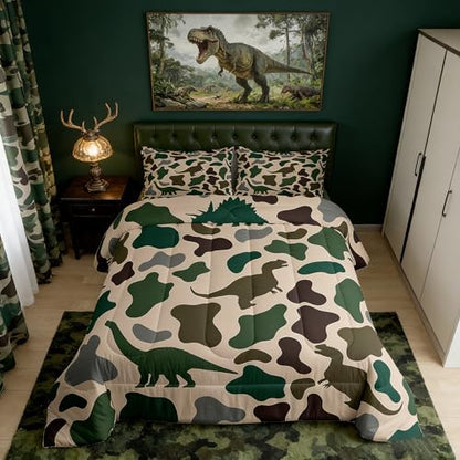 Manfei Army Green Camo Comforter Set Full Size,Dinosaur Camouflage Bedding Set 3pcs,Wild Animals Theme Down Comforter for All Season,Kids Boys Girls Room Decor,2 Pillowcases,No Sheets