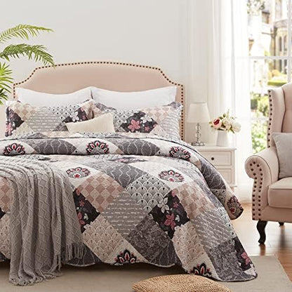 King Size Quilt Set 3 Pieces Lightweight Reversible Bedspread-98''x106'' Soft Patchwork Floral Coverlet Luxurious Warm Microfiber Bed Cover All Seasons Gray Bedding Set(1 Quilt,2 Pillow Shams)
