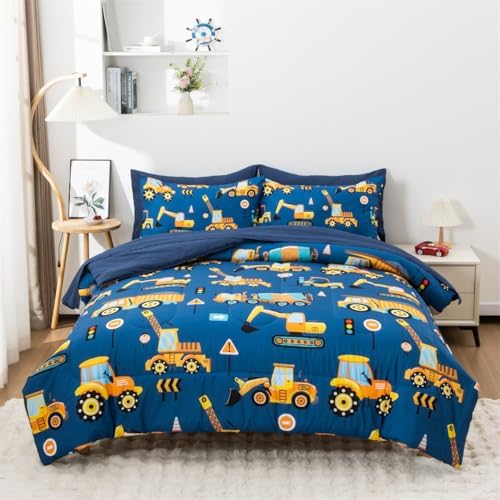 NTBED 5 Pieces Construction Truck Twin Comforter Set for Boys Kids Bed in a Bag Vehicles Excavator Lightweight Microfiber Bedding Sets,Blue