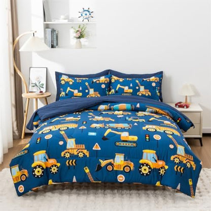 NTBED 5 Pieces Construction Truck Twin Comforter Set for Boys Kids Bed in a Bag Vehicles Excavator Lightweight Microfiber Bedding Sets,Blue