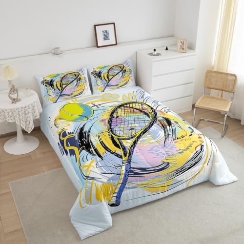 Graffiti Tennis Ball Bedding Set Twin Size,Fashion Ball Sports Game Comforter Set for Kids Boys Teens Room Decor,Cartoon Tennis Quilt Set Watercolor Youthful Duvet Insert 2pcs,1 Pillowcase