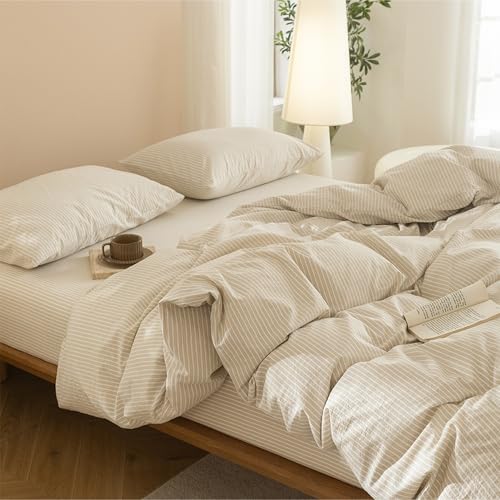 JIYUAN Super King Plus Washed Cotton Duvet Cover Set Linen-Like Pinstripe