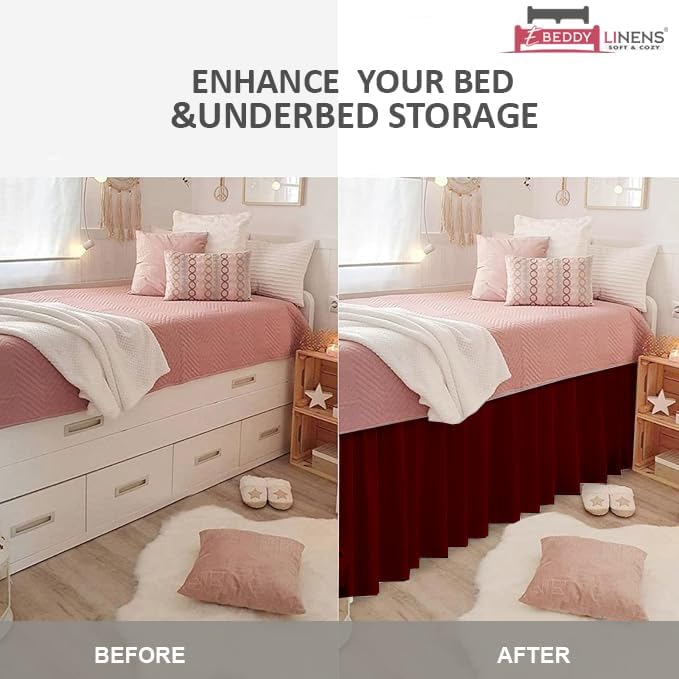 eBeddy Linens Split Corner Dust Ruffle Dorm Bed Skirt Twin XL – 32 Inch Drop, 100% Microfiber, Extra Long Bed Skirt for College Dorm, Platform Style, Burgundy Solid, Hidden Storage Solution, Easy Fit