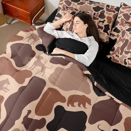 Erosebridal Camouflage 7 Piece Bedding Set Full Hunter Deer Comforter Set with Sheets Woods Army Pink Brown Camo Bed in a Bag Hound Wolf Turkey Bear Pattern for Kids Boys Girls