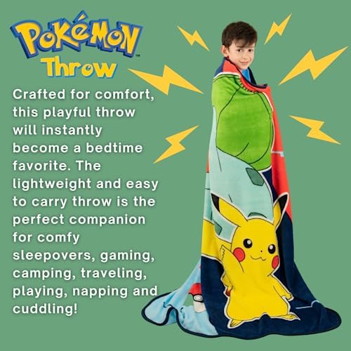 Pokemon Anime Pikachu and Bulbasaur Kids Bedding Super Soft Micro Raschel Throw, 46 in x 60 in, (Official Licensed Product) By Franco