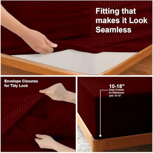 NON Sticky cotton King 4 Piece Sheet Set, 100% Long Staple Cotton, Soft Cooling Hotel Luxury Bedding Sheets, Deep Pocket Fits 10" to 18" Mattress, 78" x 80", Burgundy Stripe