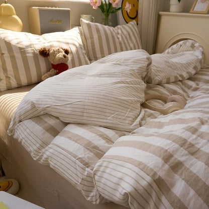 VM VOUGEMARKET Kids Teens Twin Duvet Cover Set Khaki Striped Bedding Set Khaki White Stripes Duvet Cover with 2 Pillowcases Soft Lightweight Microfiber Farmhouse Comforter Cover-68 x86