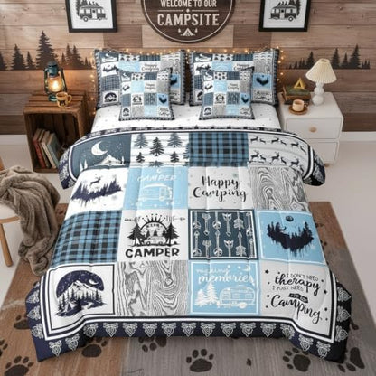 Erosebridal 7 Piece Rv Camper Comforter Set Queen for Kids Adults,Happy Camping Bedding Set for Travel Trailers,Blue Buffalo Plaid Bed in a Bag with Sheets,Cabin Patchwork Bed Set with Pillowcases