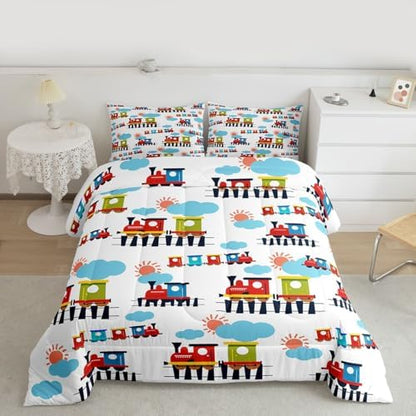 Feelyou Cartoon Train Comforter Set Queen Size Cute Transports Car Bedding Set for Kids Boys Girls Retro Steam Engine Duvet Quilt Bedroom Decor Microfiber 3 Pcs with 2 Pillow Cases
