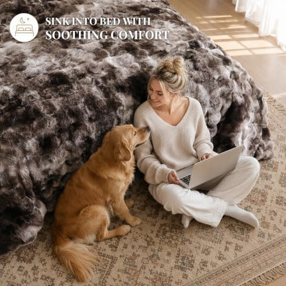 Smoofy Fluffy Faux Rabbit Fur Bubble Comforter Full Size - Tie Dye Coffee