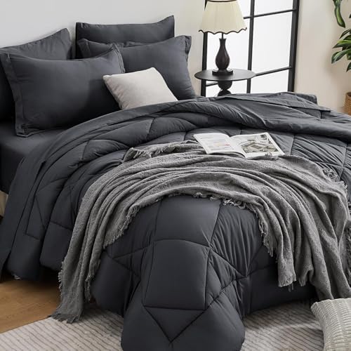 HEVUMYI 7-Piece Oversized Queen Comforter Set, Dark Grey Bed in a Bag