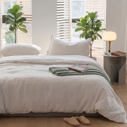 Simple&Opulence 100% Linen Duvet Cover Set 3pcs Yarn Dyed Vertical Pinstripe Ticking Pattern Natural French Washed Flax Breathable Farmhouse Bedding - Cinnamon Stripe, King Size