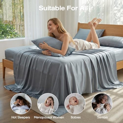 100% Real Bamboo Viscose & Lyocell Tencel Sheets Set Queen Size | Breathable & Cooling for Hot Sleeper | Luxury Silky Soft Fabric | 18" Deep Pocket with Corner Straps (French Blue, Queen)