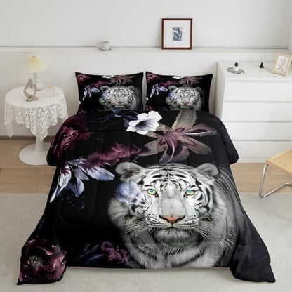 Castle Fairy White Tiger Comforter Set Full,Colorful Flowers Plants Bedding Set for Kids Teens Woman Adults Room Decor,3D Wild Animals Nature Quilt Set Ultra Soft Down Comforter,2 Pillowcases,Black