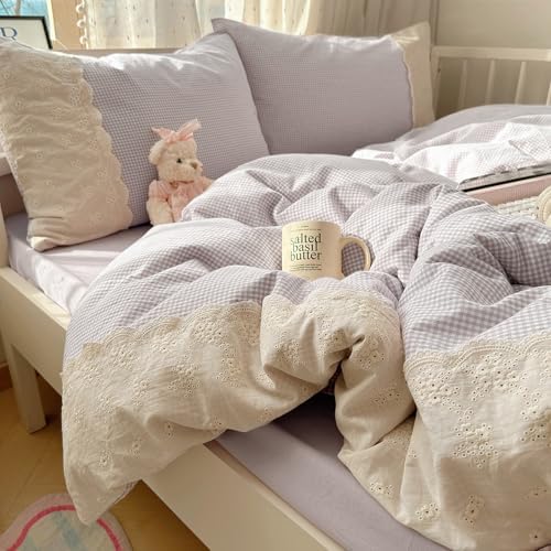 LifeTB Purple Gingham Comforter Set Queen Romantic Lace Style Checkered Pattern Comforter Set Farmhouse Purple Grid Plaid Bedding Comforter Queen Fluffy Soft Lightweight Gingham Bedding Set