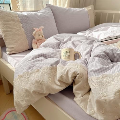 LifeTB Purple Gingham Comforter Set Twin XL Fluffy Soft Princess Style Girls Lace Bedding Set Cottagecore Cute Plaid Checkered Comforter with 2 Pillowcases Chic Gingham Bedding Grid Comforter Set