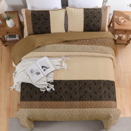 Cottolester Light Brown King Quilt Set,3 Pcs Boho Striped Plaid Bedspread