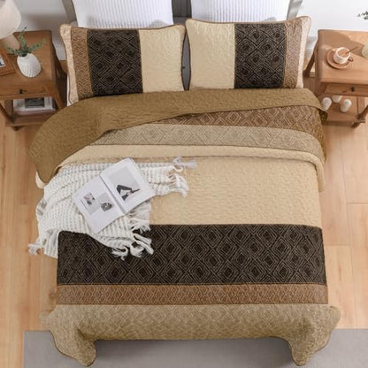 Cottolester Light Brown King Quilt Set,3 Pcs Boho Striped Plaid Bedspread