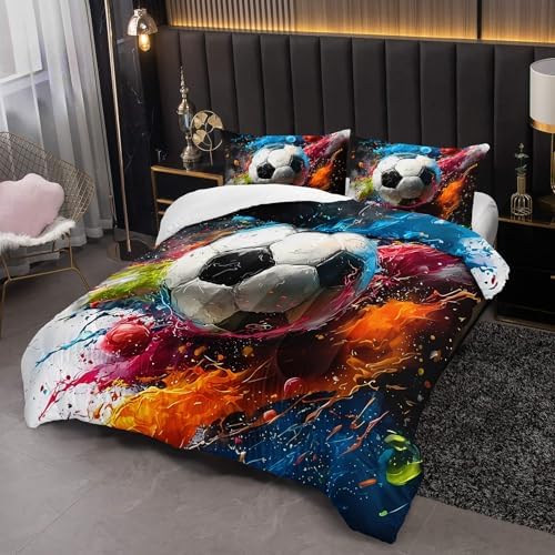 Soccer Comforter Queen Size,Sport Kids Comforter Set,3Pcs Bedding Set Printed Comforter with 2 Pillowcases,Down Alternative,Soft and Lightweight,for All Seasons