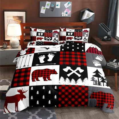 LUVIVIHOME 3PCS Rustic Cabin Comforter Set King Size, Christmas Bedding, Deer Bear White Red Black Plaid Patchwork Lodge Log Country Farmhouse Bedroom Decor, Soft Microfiber Quilt, 2 Pillow Shams