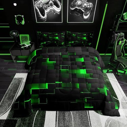 Erosebridal Black Green Comforter Set Queen Neon Geometric Checkered Bedding Set for Kids Boys Gaming Room Decor,Teen Men Abstract Stereoscopic Grids Quilt Square Plaid Check Bed Set 3 Pcs