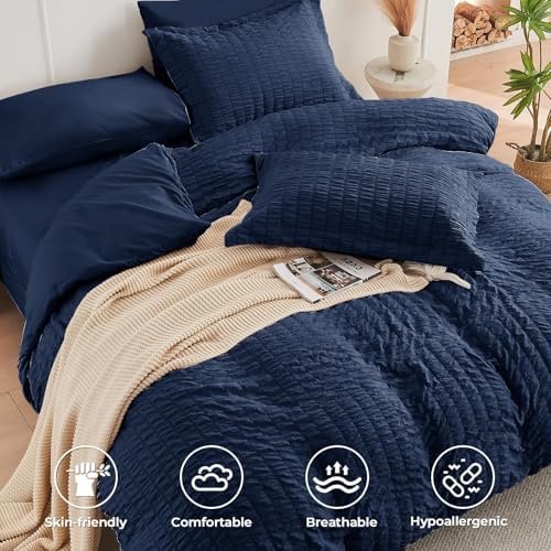 HYMOKEGE Navy Blue King Size Comforter Set Seersucker 7 Pieces, All Season Luxury Bed in a Bag for Bedroom, Bedding Set with Comforters, Sheets, Pillowcases & Shams