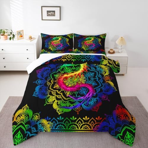 Watercolor Dragon Comforter Set Twin Size,Rainbow Mandala Print Duvet Quilted,Bohemian Exotic Style and Animal Theme Bedding Comforters 2Pcs for Kids Child Teens Woman Man Bedroom Decor,Black