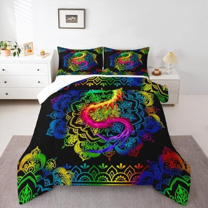 Watercolor Dragon Comforter Set Twin Size,Rainbow Mandala Print Duvet Quilted,Bohemian Exotic Style and Animal Theme Bedding Comforters 2Pcs for Kids Child Teens Woman Man Bedroom Decor,Black