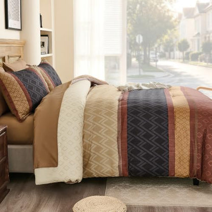 Queen 7-Piece Burnt Orange Striped Comforter Set,Warm Boho Bedding
