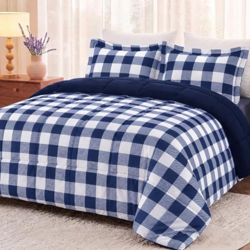 downluxe Twin Comforter Set Soft Reversible 2 Pieces, Plaid Blue/White