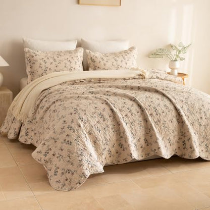 Lady Ann Cotton Quilt Twin Size(68"x86"), Cottagecore Wild Floral Quilted Bedspread, Lightweight Farmhouse Bedding Set （1 Coverlet and 1 Scalloped Edge Pillow Sham