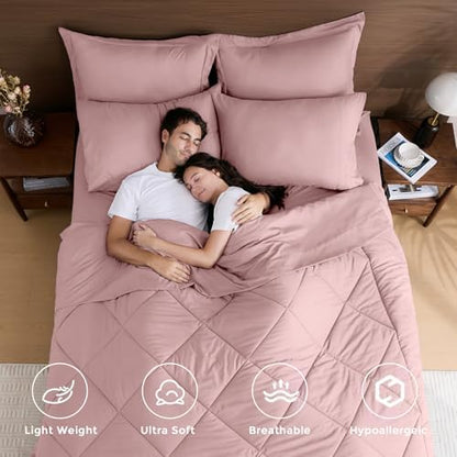 HEVUMYI 7-Piece California King Comforter Set, Dusty Pink Bed in a Bag