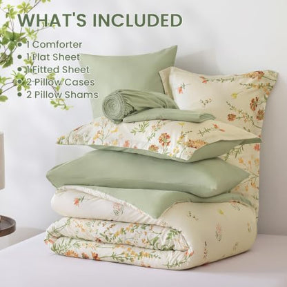 Yiran Beige Floral Comforter Set Full Size, 7 Piece Cute Comforters Bed in a Bag Khaki Flower, Soft Coquette Cottagecore Aesthetic Botanical Bedding Set with Sheets for Women Teen Girls