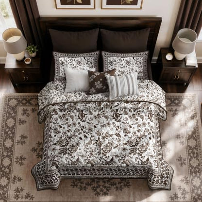 FLYMME Brown and White Vintage Floral Quilt Set King/Cal King Size, 3-Piece Classic Reversible Bedspread Coverlet with 2 Pillow Shams, Lightweight Botanical Bedding Set for All Season