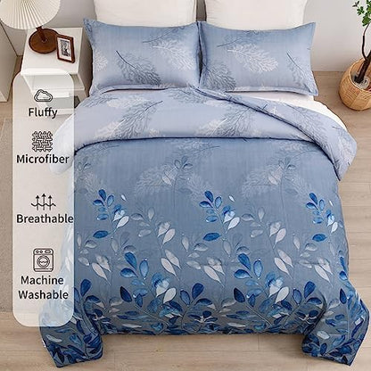 DJY Blue Comforter Set King, Navy Botanical Leaves Comforter for King Bed 3 Pieces Reversible Floral Bed Comforter Sets Soft Microfiber Bedding Set for All Season (104"x90")