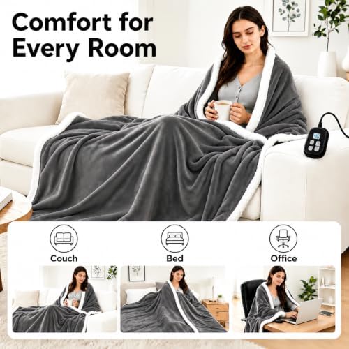 Electric Heated Blanket Full Size 72" x 84", Soft Flannel Heating Blanket for Bed, Sofa, Bedroom, 10 Heat Settings, 1-12H Auto Shut Off, Overheat Protection, Machine Washable, Light Gray