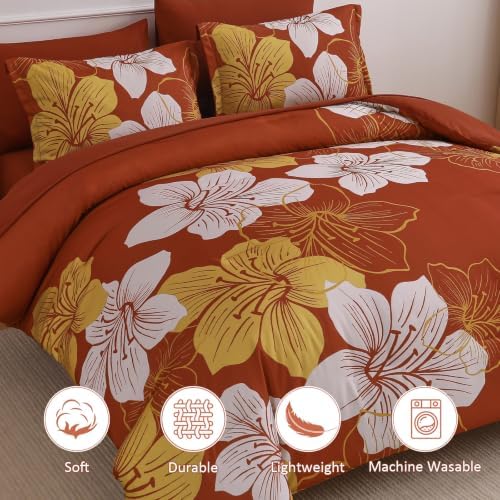 Burnt Orange Comforter Set Queen Size, 7 Pieces Fall Floral Bedding Set