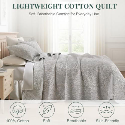 100% Cotton Quilt Set Queen Size, Classic Damask, Gray 90"x98"