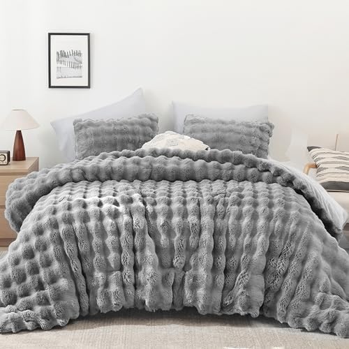 YIKUSH Full Faux Fur Comforter Set, Fluffy Light Gray Rabbit Fur Comforter