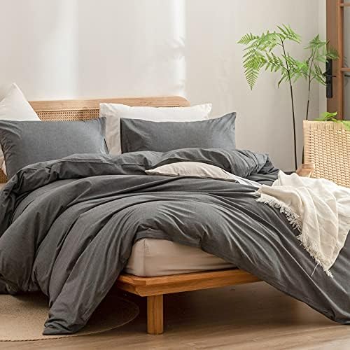BESTOUCH Cotton Solid Duvet Cover Set Linen Feel Dark Grey Queen