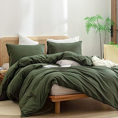 BESTOUCH Cotton Solid Duvet Cover Set Linen Feel Olive Green Twin