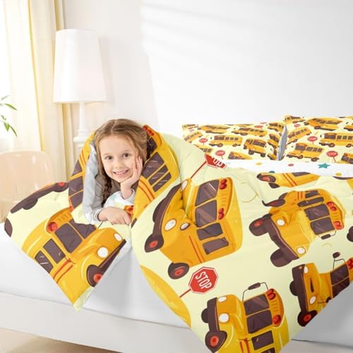 Erosebridal School Bus Comforter Set Toddler for Kids, Cartoon Truck Bedding Set for Boys Girls Teens Youth Bedroom Decor, School Theme Comforter, Yellow Vehicle Quilt with 1 Pillowcase, 2 Pcs